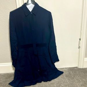 Theory Navy Silk Drop Waist Shirt Dress